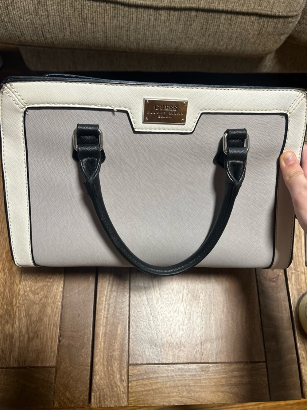 GUESS Two-Tone Beige and Black Satchel Handbag (Staining on the bottom)